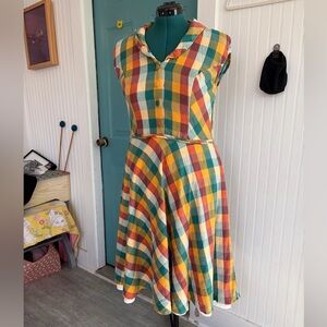 eshakti Yellow Green Red Plaid Midi Dress